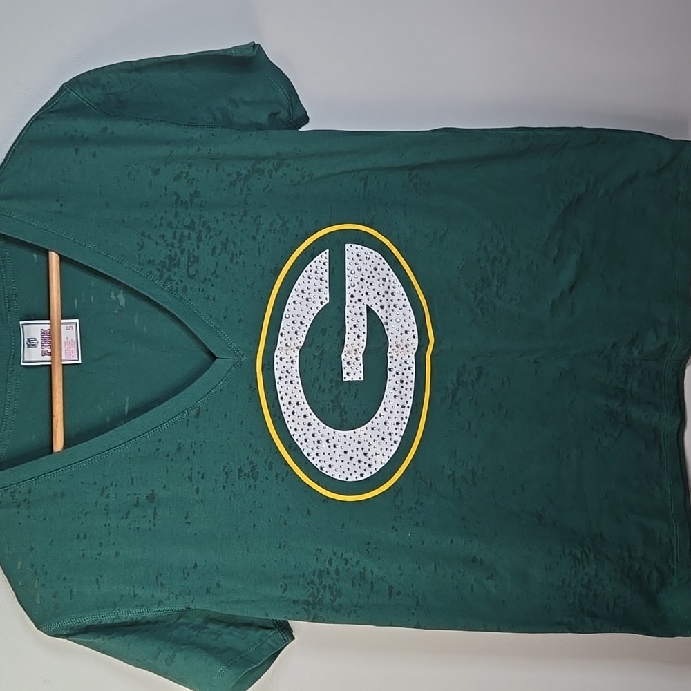 VS Pink Size Small NFL Green Bay Burn Out Style V-Neck Embellished T-shirt